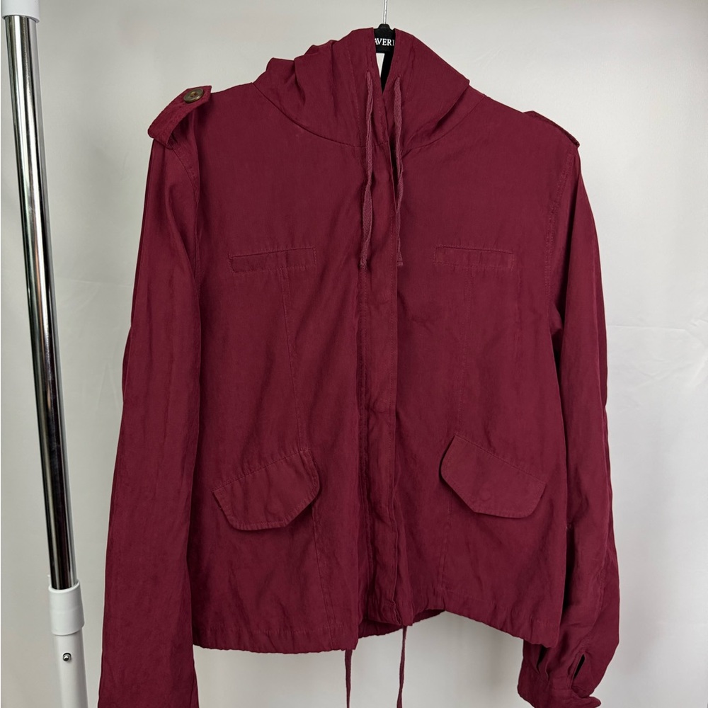 Sweet Wanderer Burgundy Hooded Utility Jacket Zip Front Lightweight Size XL‎